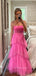 Hot Pink A-line Spaghetti Straps Long Evening Prom Dresses, Tulle Sleeveless Prom Dress, PM0325