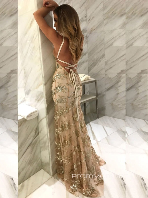 Tulle Appliques Gold Deep V-neck Long Evening Prom Dresses, Sexy Backless Mermaid Prom Dress, PM0326