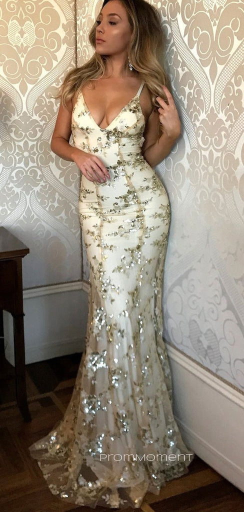 Tulle Appliques Gold Deep V-neck Long Evening Prom Dresses, Sexy Backless Mermaid Prom Dress, PM0326