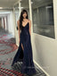 Sparky Sequins Navy Blue Mermaid Long Evening Prom Dresses, Backless High Slit Spaghetti Straps Prom Dress, PM0328