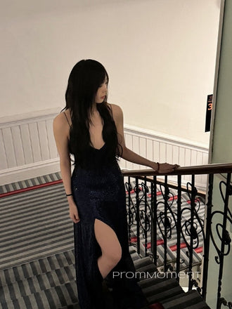 Sparky Sequins Navy Blue Mermaid Long Evening Prom Dresses, Backless High Slit Spaghetti Straps Prom Dress, PM0328
