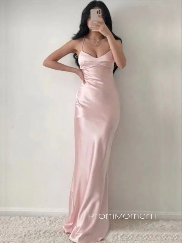 Popular Pink Satin Mermaid Long Evening Prom Dresses, Spaghetti Straps V-neck Prom Dress, PM0329