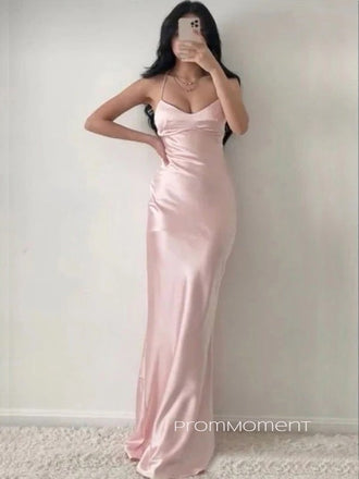 Popular Pink Satin Mermaid Long Evening Prom Dresses, Spaghetti Straps V-neck Prom Dress, PM0329