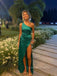 Satin One Shoulder Emerald Green Long Evening Prom Dresses, High Slit Sleeveless Prom Dress, PM0330