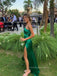 Satin One Shoulder Emerald Green Long Evening Prom Dresses, High Slit Sleeveless Prom Dress, PM0330