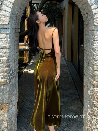 Velvet Deep V-Neck Spaghetti Straps Long Evening Prom Dresses, A-line Side Slit Prom Dress, PM0332