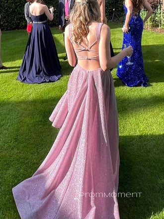 Sparkly A-line Backless Straps Long Evening Prom Dresses, Sleeveless Floor-length Prom Dress, PM0334