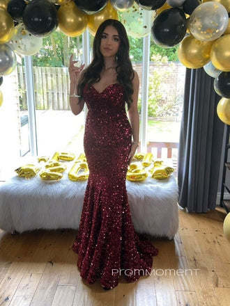 Deep Red Sequins Mermaid Strapless Sweetheart Sparkly Long Evening Prom Dresses, PM0335