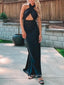 Unique Backless Halter Black Sleeveless Long Evening Prom Dresses, PM0337