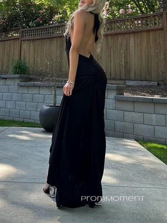 Unique Backless Halter Black Sleeveless Long Evening Prom Dresses, PM0337