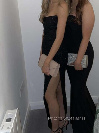 Black Sequins Strapless Sleeveless Side Slit Sparkly Long Evening Prom Dresses, PM0338