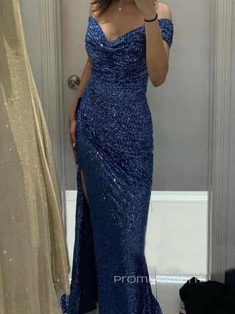 Sparkly Sequins Off Shoulder V-neck Side Slit Long Evening Prom Dresses, PM0340
