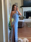 Sparkly Mermaid One Shoulder High Slit Sequins Blue Long Evening Prom Dresses, PM0341