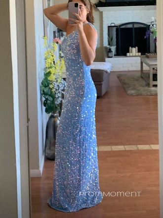 Sparkly Mermaid One Shoulder High Slit Sequins Blue Long Evening Prom Dresses, PM0341