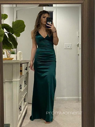 Backless Deep V-neck Dark Green Satin Straps Mermaid Long Evening Prom Dresses, Lovely Sleeveless Backless Prom Dress, PM0342