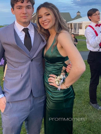 Backless Deep V-neck Dark Green Satin Straps Mermaid Long Evening Prom Dresses, Lovely Sleeveless Backless Prom Dress, PM0342