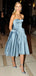 A-line Strapless Sleeveless Elegant Long Evening Prom Dresses, Dusty Blue Satin Prom Dress, PM0345