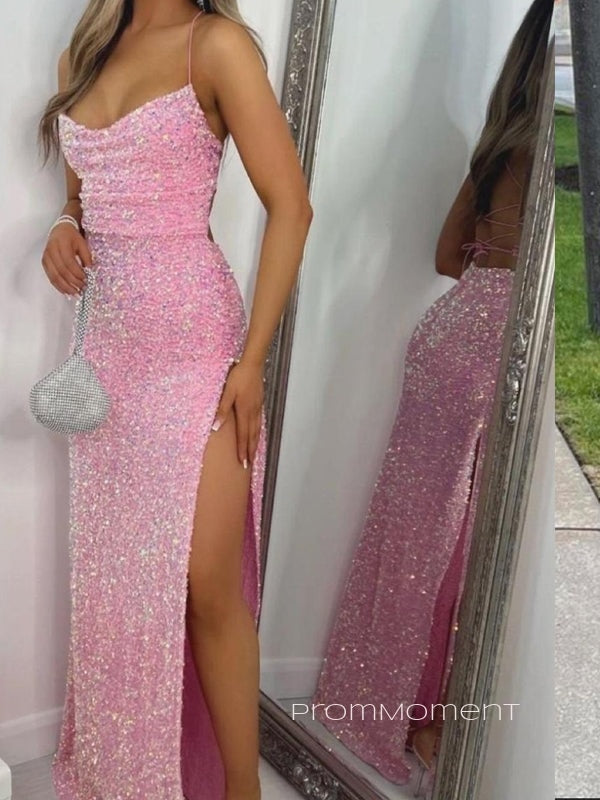 Pink Sequins High Slit Spaghetti Straps Long Evening Prom Dresses, Backless Beautiful Prom Dress, PM0351