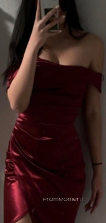 Mermaid Burgundy Satin Long Evening Prom Dresses, Off Shoulder Side Slit Prom Dress, PM0352