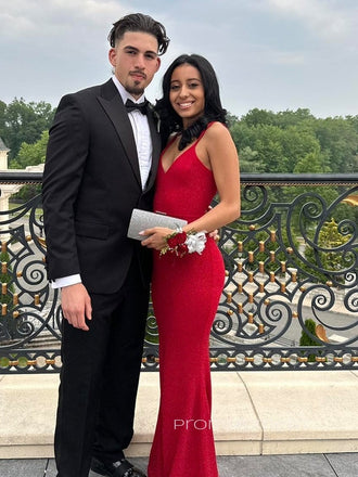 Sparkly Red Mermaid Deep V-neck Spaghetti Straps Long Evening Prom Dresses, PM0353