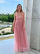 Pink Tulle A-line Deep V-Neck Long Evening Prom Dresses, Backless Sapghetti Straps Prom Dress, PM0354