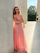 Pink Tulle A-line Deep V-Neck Long Evening Prom Dresses, Backless Sapghetti Straps Prom Dress, PM0354