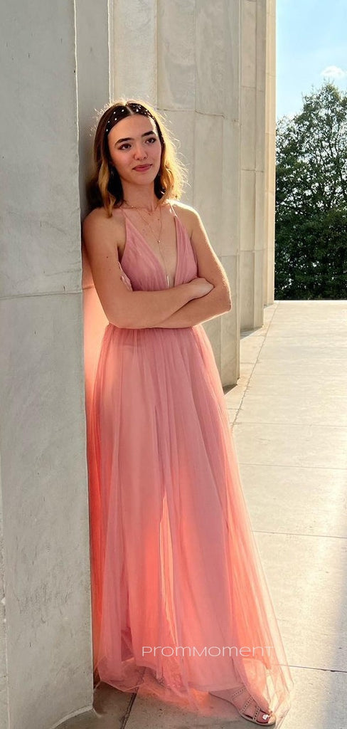 Pink Tulle A-line Deep V-Neck Long Evening Prom Dresses, Backless Sapghetti Straps Prom Dress, PM0354