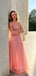 Pink Tulle A-line Deep V-Neck Long Evening Prom Dresses, Backless Sapghetti Straps Prom Dress, PM0354