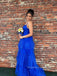 Royal Blue Tulle A-line Long Evening Prom Dresses, V-neck Spaghetti Straps Prom Dress, PM0358