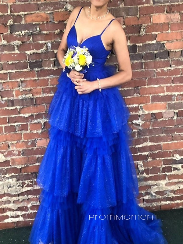 Royal Blue Tulle A-line Long Evening Prom Dresses, V-neck Spaghetti Straps Prom Dress, PM0358