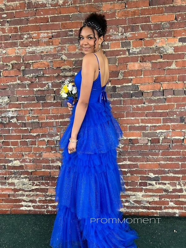 Royal Blue Tulle A-line Long Evening Prom Dresses, V-neck Spaghetti Straps Prom Dress, PM0358