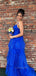 Royal Blue Tulle A-line Long Evening Prom Dresses, V-neck Spaghetti Straps Prom Dress, PM0358