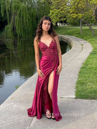 High Slit V-neck Spaghetti Straps Backless Long Evening Prom Dresses, Elstic Satin Appliques Prom Dress, PM0359