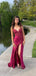 High Slit V-neck Spaghetti Straps Backless Long Evening Prom Dresses, Elstic Satin Appliques Prom Dress, PM0359