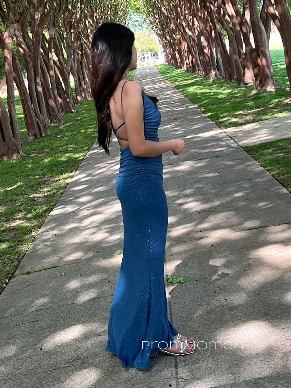 Backless Spaghetti Straps Mermaid Blue Sparkly Long Evening Prom Dresses, PM0360