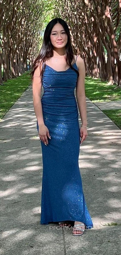 Backless Spaghetti Straps Mermaid Blue Sparkly Long Evening Prom Dresses, PM0360