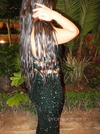 High Slit Dark Green Sequins Mermaid Backless Long Evening Prom Dresses, PM0361
