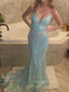 Floor-length Bule Sequins V-neck Mermaid Long Evening Prom Dresses, Gorgeous Spaghetti Straps Backless Prom Dress, PM0363