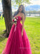 A-line Sweetheart Spaghetti Straps Long Evening Prom Dresses, Unique Hot Pink Tulle Prom Dress, PM0364