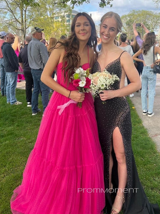 A-line Sweetheart Spaghetti Straps Long Evening Prom Dresses, Unique Hot Pink Tulle Prom Dress, PM0364