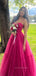 A-line Sweetheart Spaghetti Straps Long Evening Prom Dresses, Unique Hot Pink Tulle Prom Dress, PM0364
