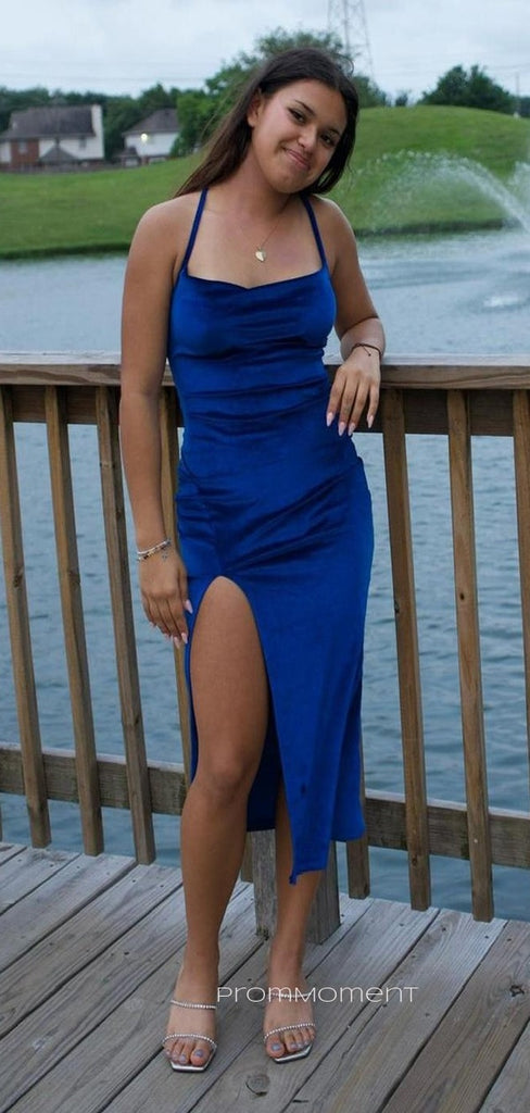 Simple Velvet Royal Blue Mermaid Side Slit Long Evening Prom Dresses, PM0365