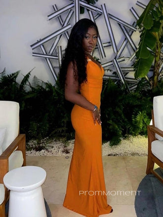 Deep V-neck Orange Jersey Mermaid Long Evening Prom Dresses, Straps Sleeveless Backless Prom Dress, PM0366
