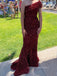 Dark Red Sequins One Shoulder Mermaid Floor-length Long Evening Prom Dresses, PM0368