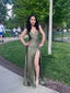 Spaghetti Straps Backless V-neck Long Evening Prom Dresses, Side Slit Mermaid Prom Dress, PM0371