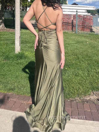 Spaghetti Straps Backless V-neck Long Evening Prom Dresses, Side Slit Mermaid Prom Dress, PM0371