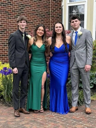 Backless High Slit V-neck Long Evening Prom Dresses, Mermaid Spaghetti Straps Prom Dress, PM0372