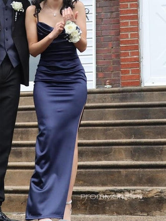 Simple Spaghetti Straps Mermaid Long Evening Prom Dresses, High Slit Navy Blue Satin Prom Dress, PM0373