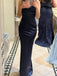 Simple Spaghetti Straps Mermaid Long Evening Prom Dresses, High Slit Navy Blue Satin Prom Dress, PM0373