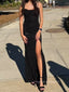 Sparkly Black Side Slit Mermaid Spagehtti Straps Backless Long Evening Prom Dresses, PM0374